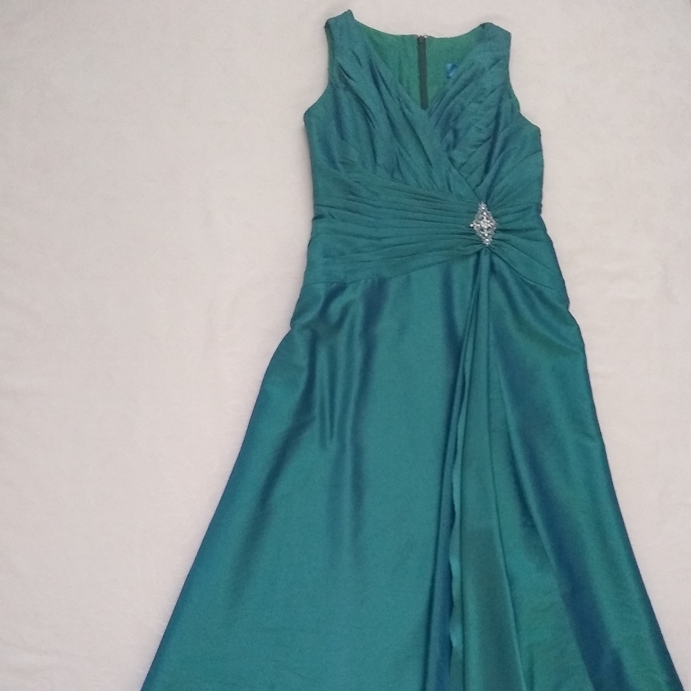 Jade by Jasmine v-neck cascading ruffle gown crystals detail
